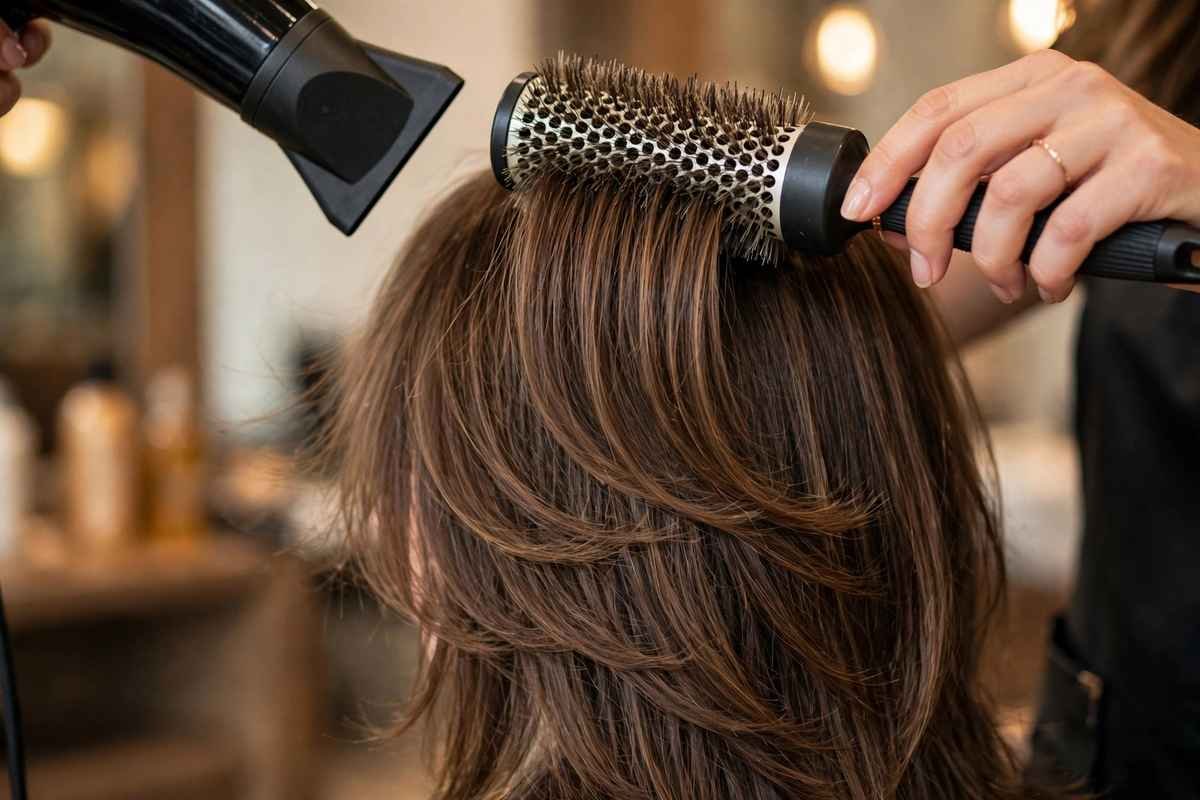 Hairstylist blow-drying curtain bangs with large round brush