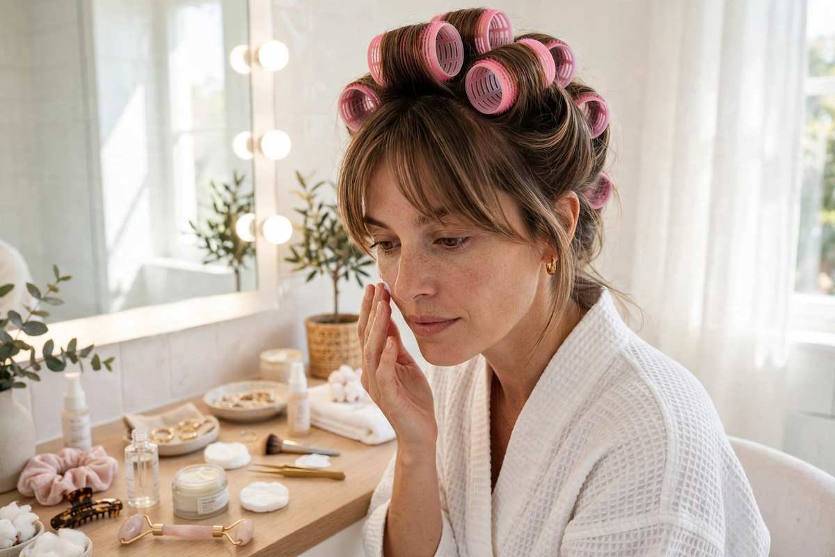 Woman with velcro rollers in layered hair for volume