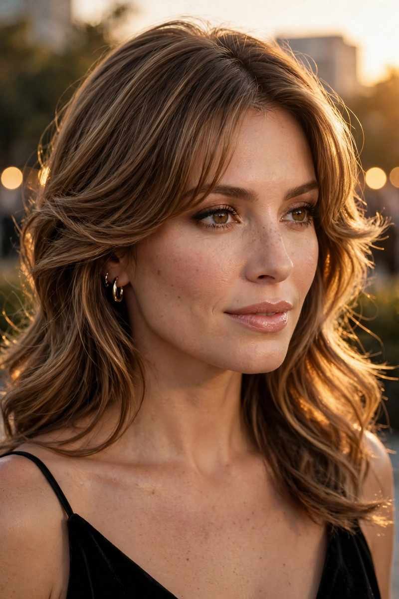 Woman with soft waves and curtain bangs, evening look