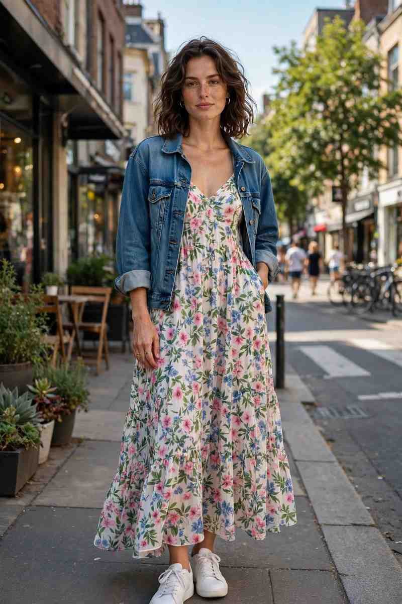 Floral sundress with white sneakers and denim jacket