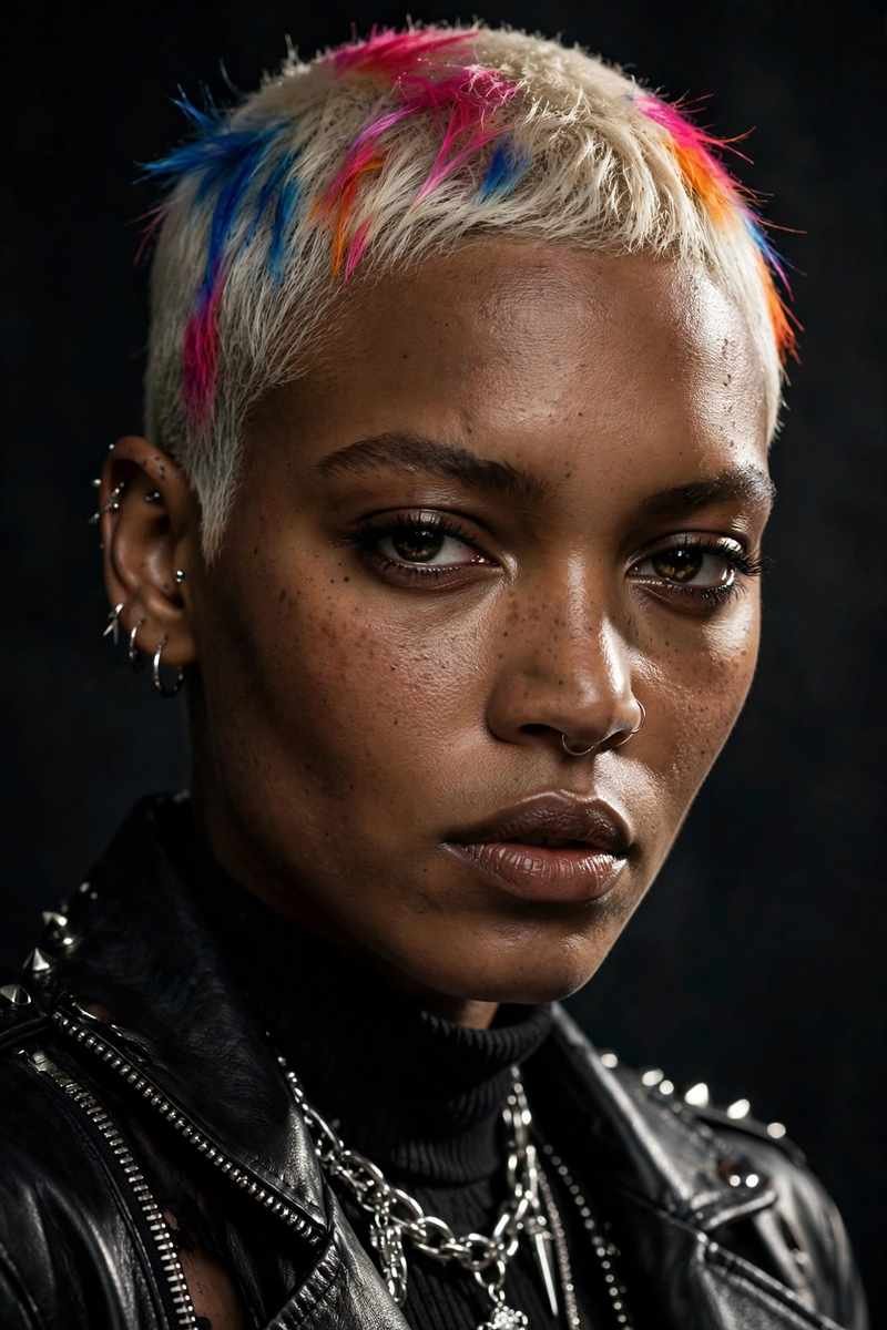 Black woman with platinum blonde buzz cut, bold edgy look