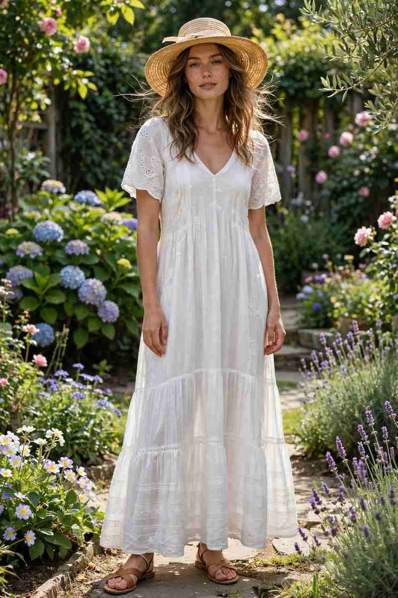 White maxi dress with flat sandals and straw hat, summer garden