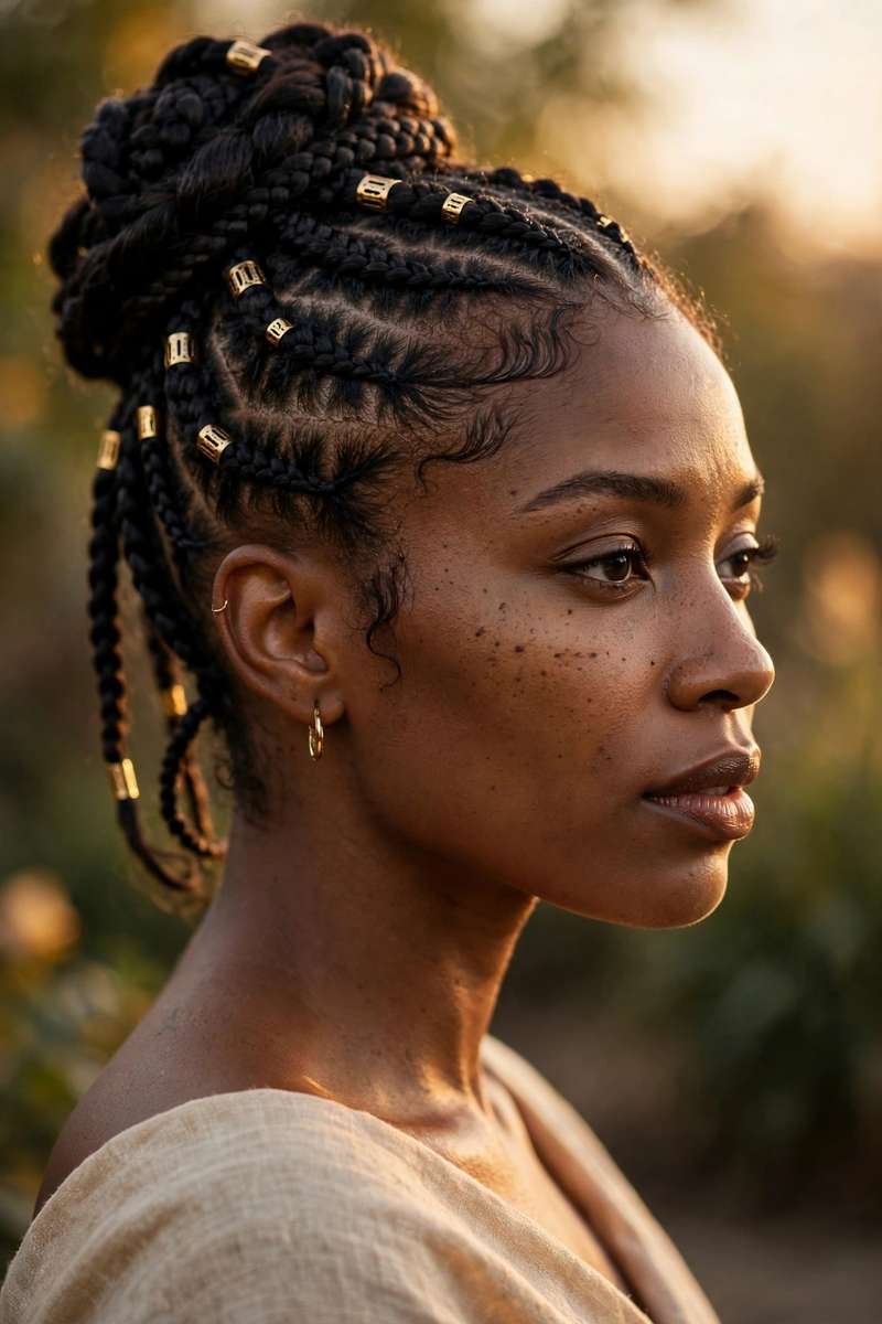 Regal braided crown updo with gold cuffs on Black hair