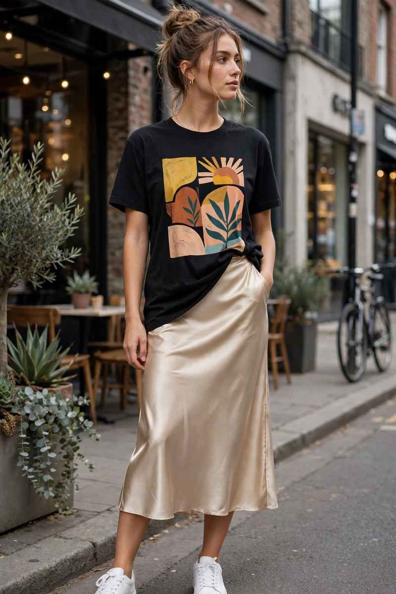 Graphic tee half-tucked into satin slip skirt with sneakers