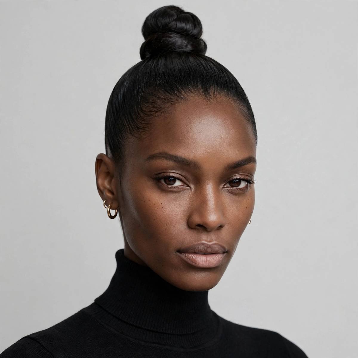 Black woman with sleek high top knot bun