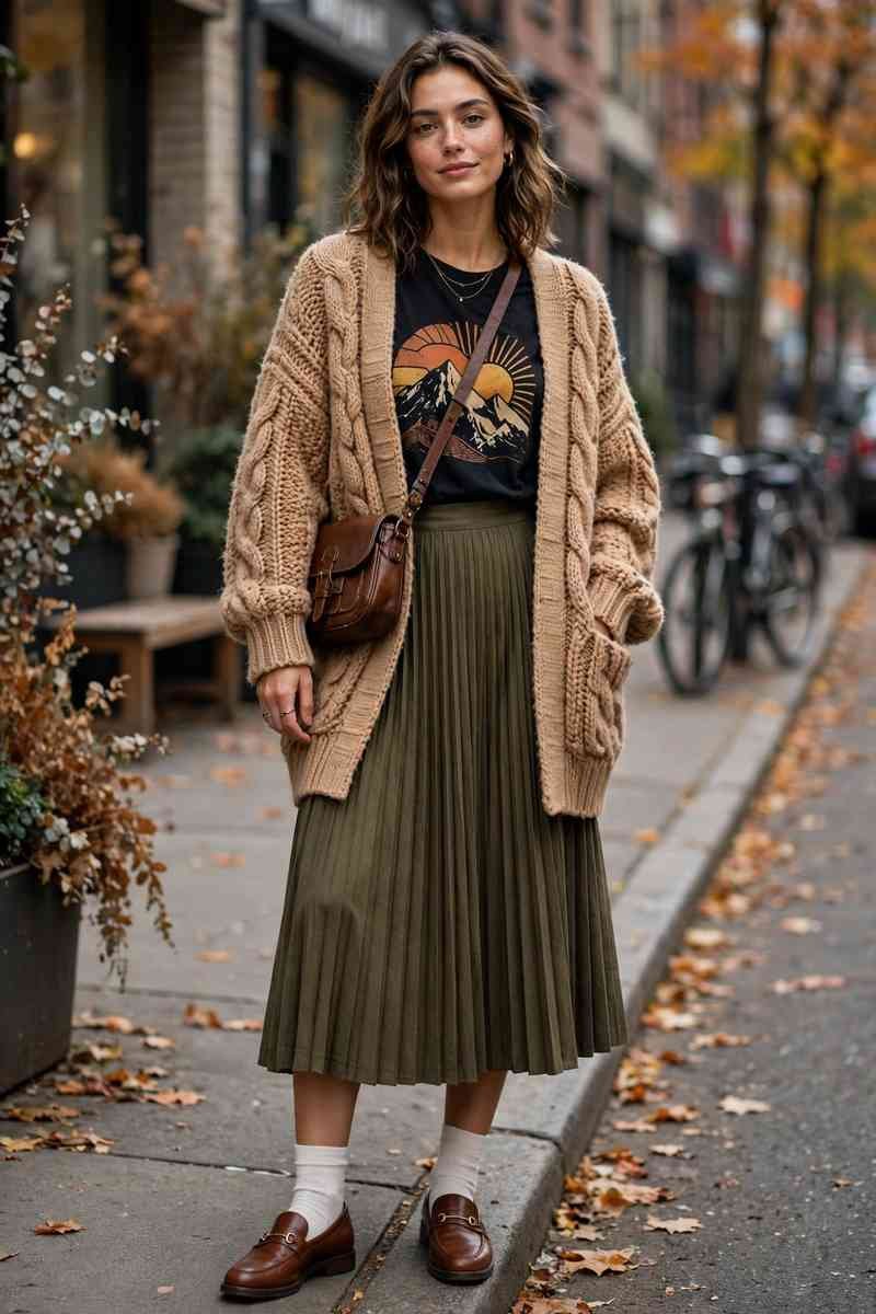 Graphic tee with pleated midi skirt, oversized cardigan and loafers