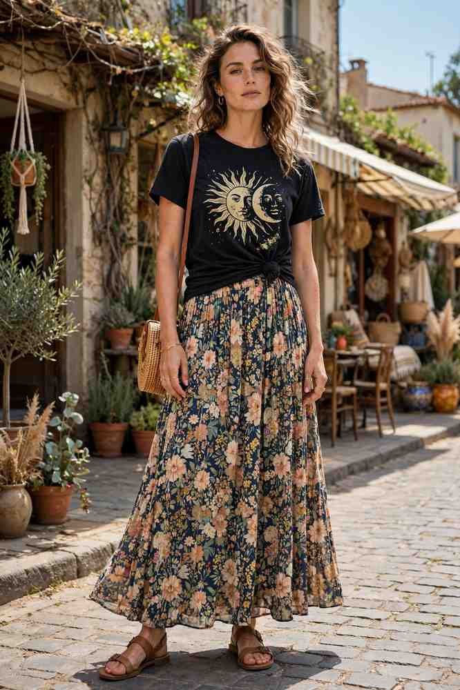 Graphic tee knotted with flowy floral maxi skirt, bohemian style
