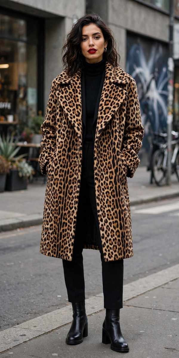 Leopard print coat over all-black outfit with red lipstick
