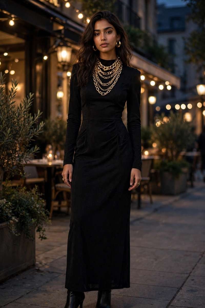 All-black outfit with layered chunky gold chains
