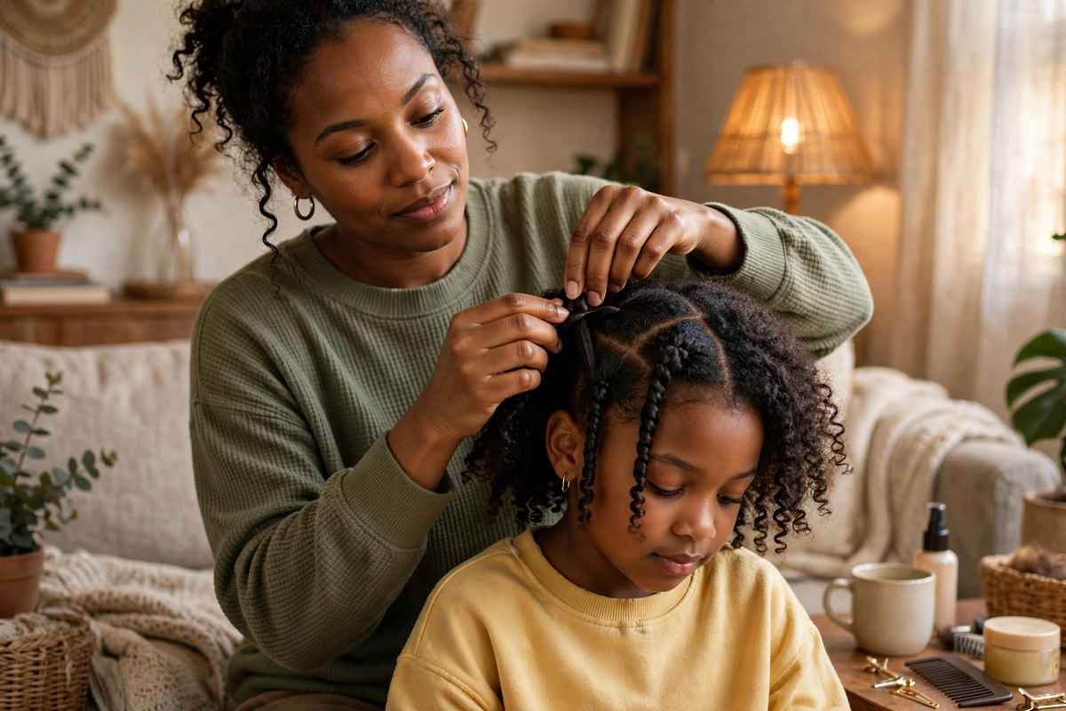 Mother styling daughter's natural hair with two-strand twists