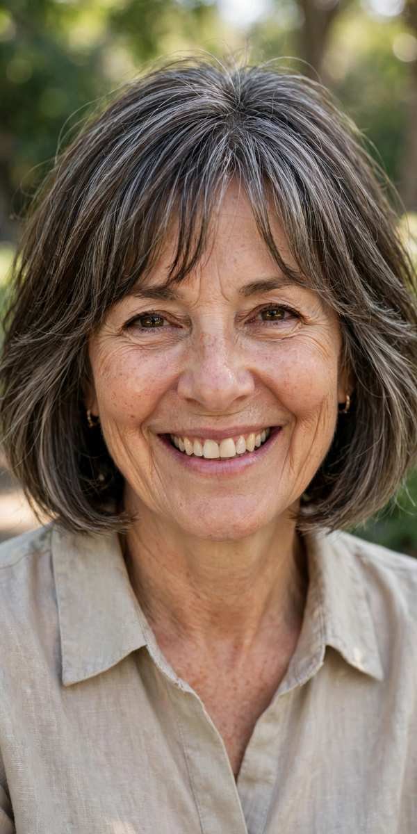 Woman over 50 with soft layered bob and curtain bangs