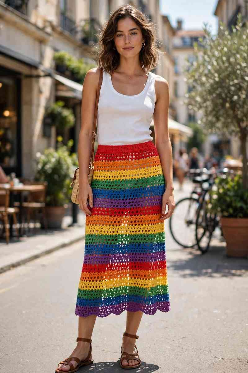 Colorful rainbow crochet midi skirt with solid white tank