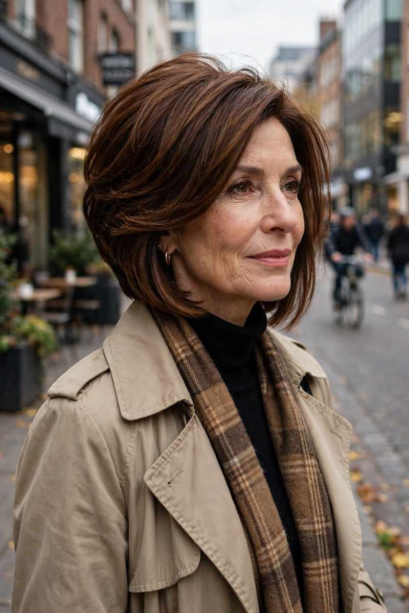 Stylish woman over 50 with graduated bob haircut