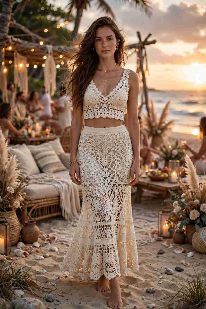 Matching cream crochet top and skirt set at beach sunset