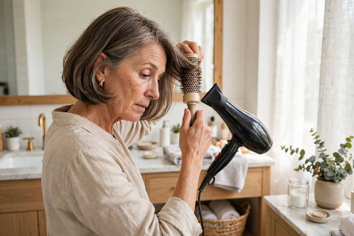 Woman over 50 styling bob with round brush, morning routine
