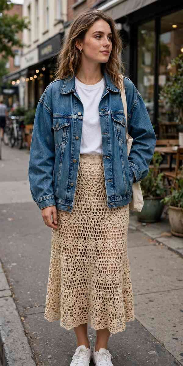 Sand crochet midi skirt with white tee and denim jacket