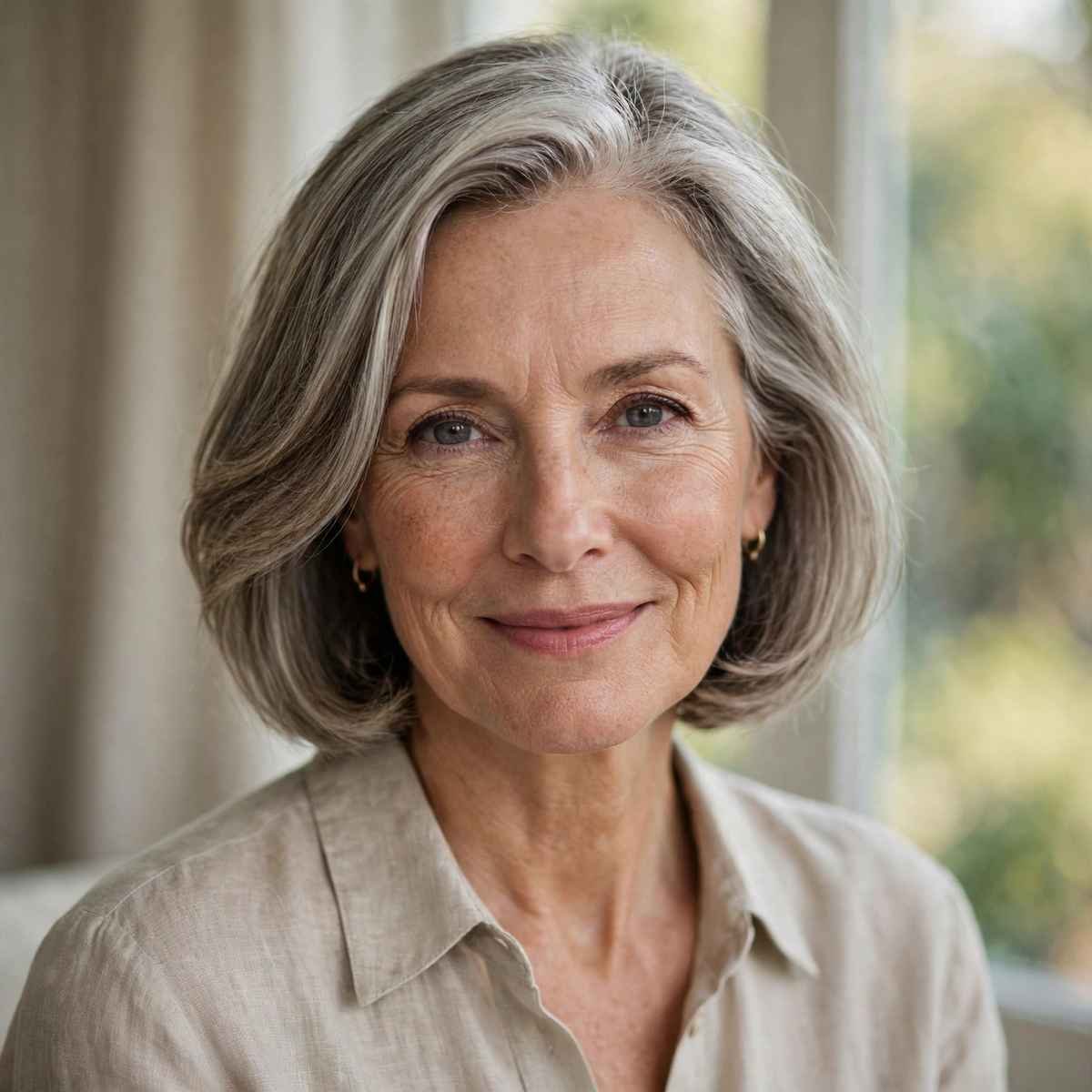 Elegant woman over 50 with soft jaw-length bob and side part