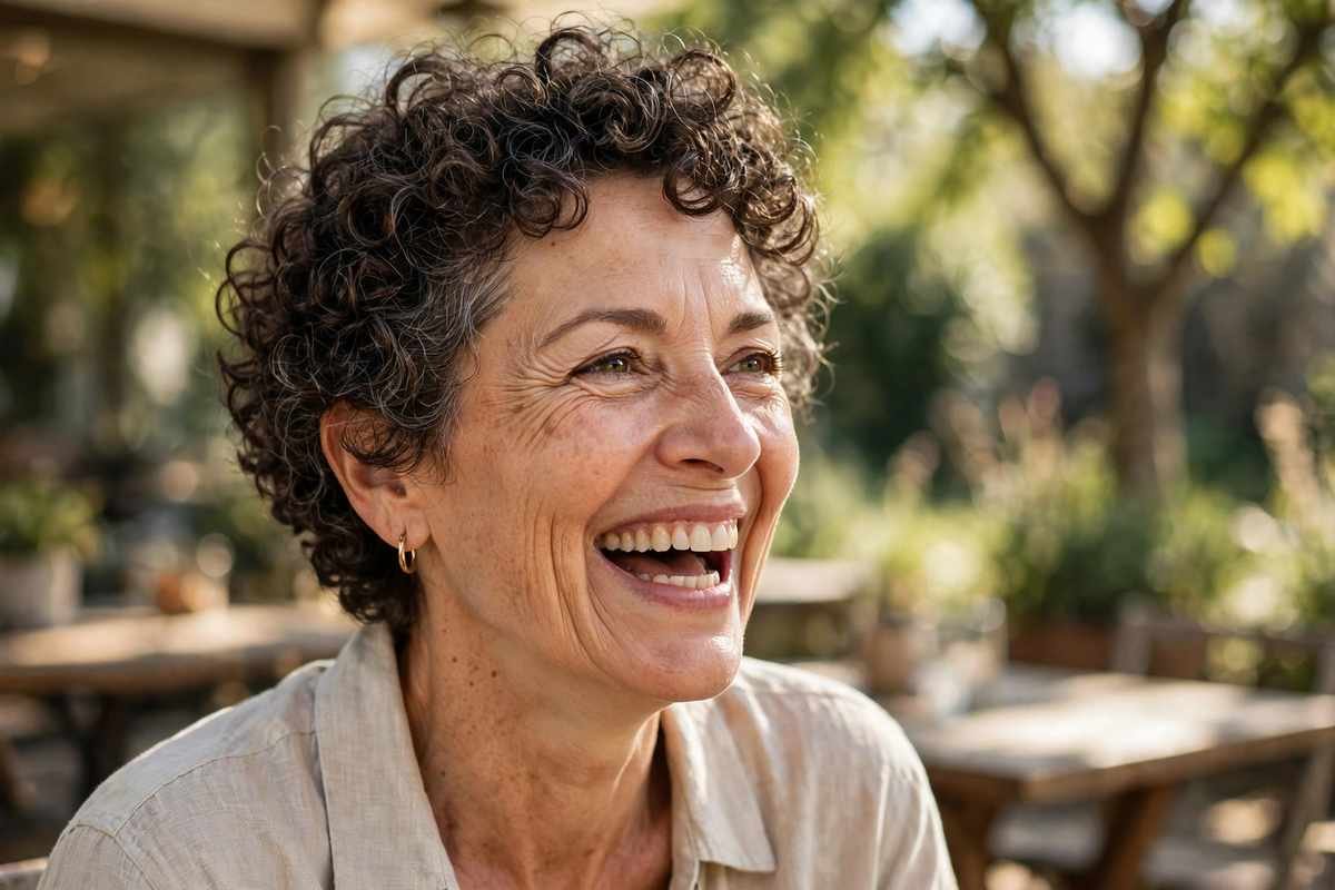 Joyful woman over 50 with short curly crop laughing outdoors