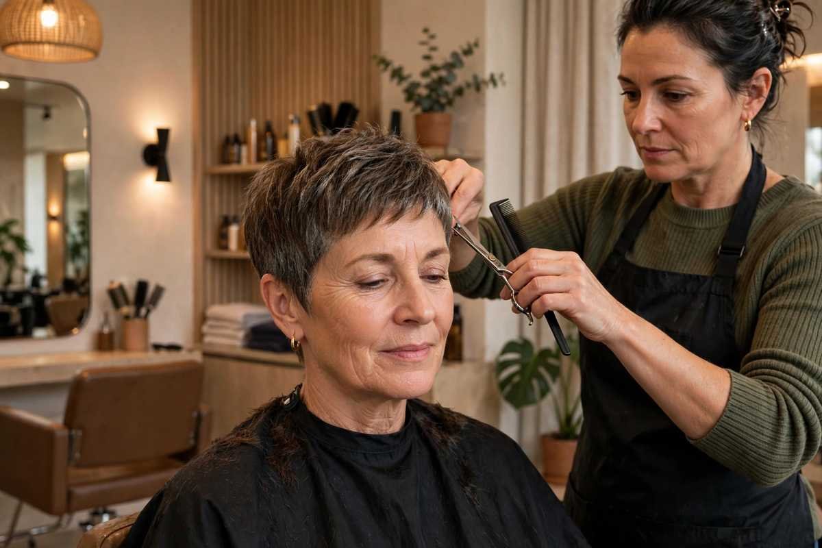 Woman over 50 getting textured pixie cut in salon