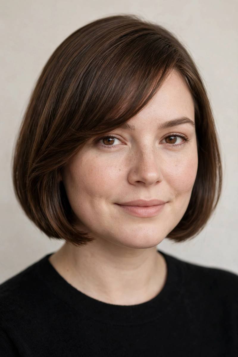Side-swept bangs with chin-length bob on round face