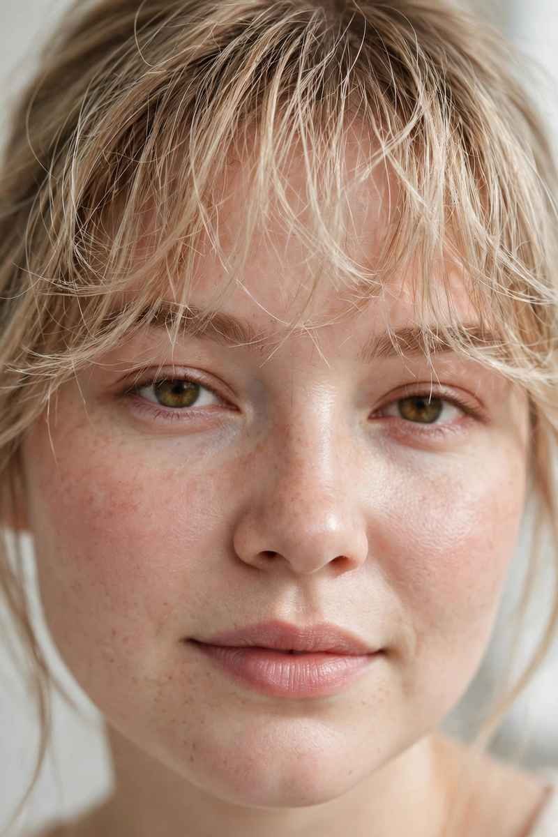 Close-up of wispy textured bangs on round face