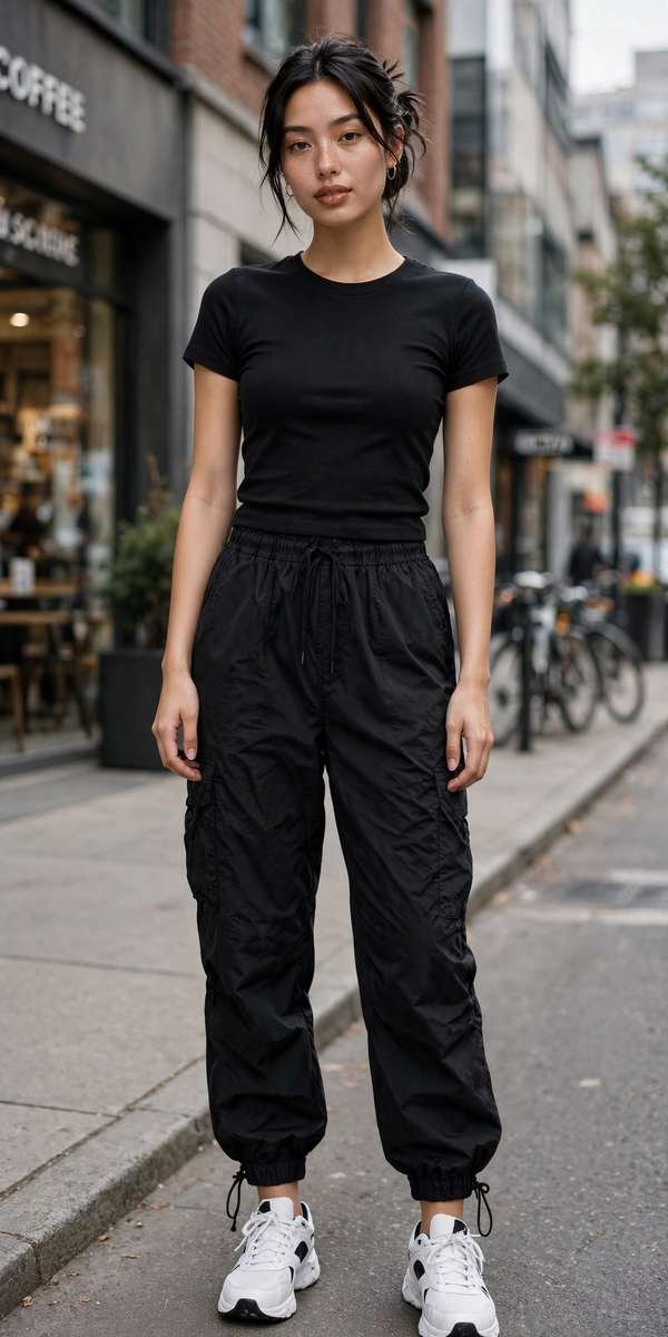 Black parachute pants with fitted baby tee and sneakers