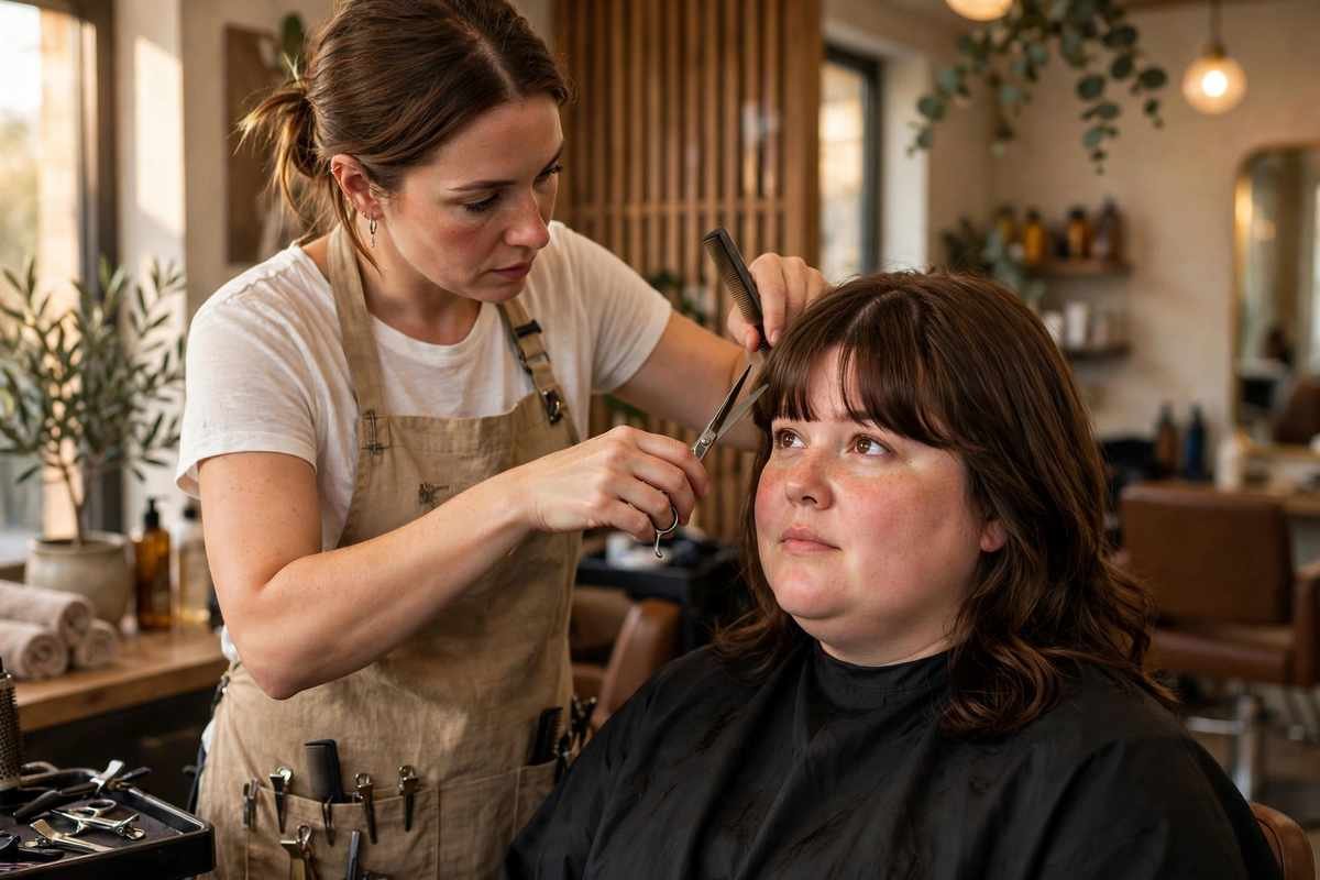 Hairstylist trimming curtain bangs in salon