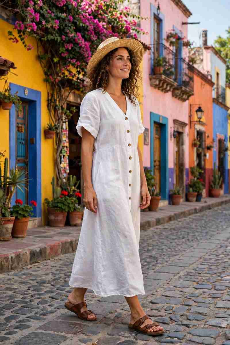 White linen midi dress with sandals on colorful Mexican street