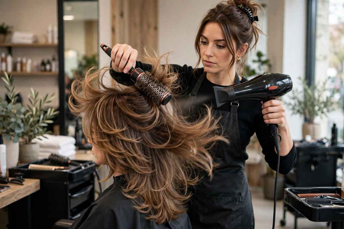 Hairstylist creating bouncy blowout on butterfly layers with round brush