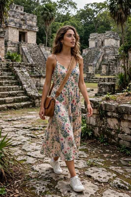 Floral sundress with sneakers exploring Mayan ruins