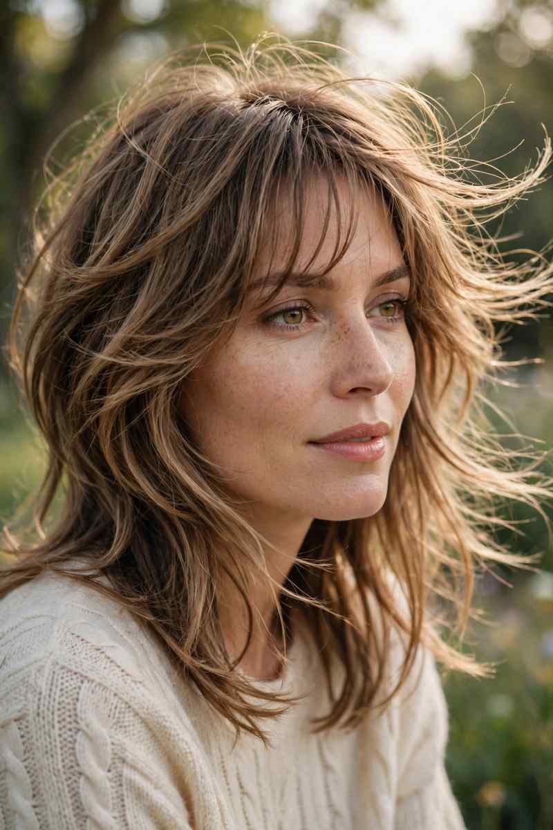 Woman with romantic soft butterfly haircut and wispy bangs in breeze