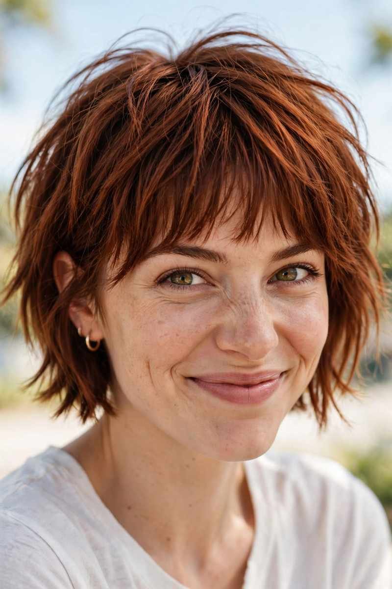 Short shaggy bob with textured fringe, tousled layers