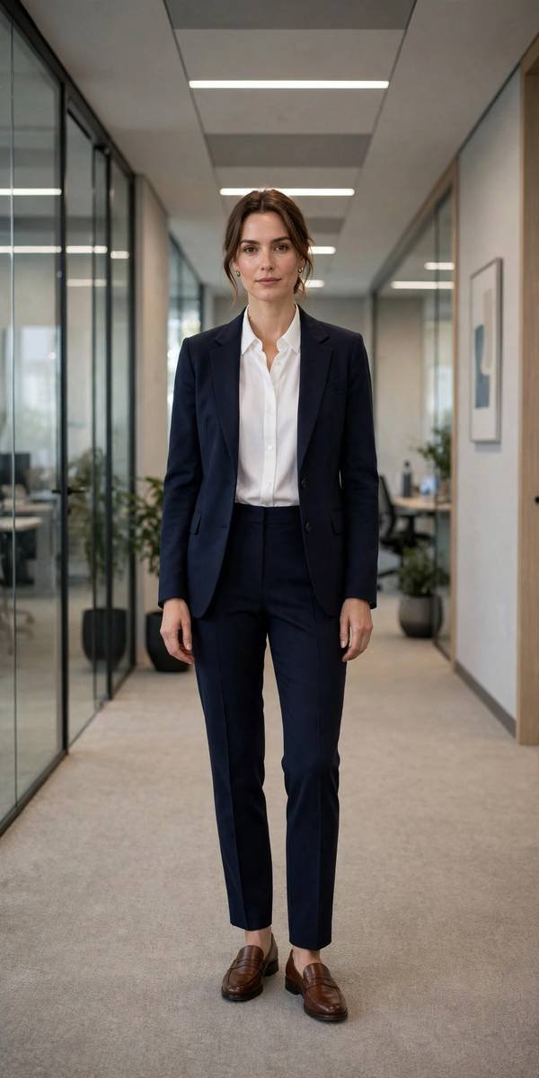 White blouse with navy trousers and blazer, professional look