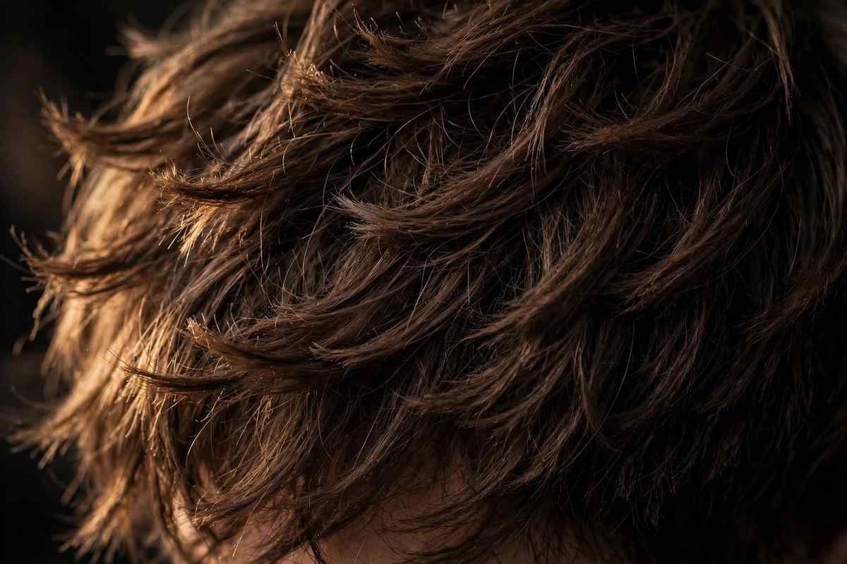 Close-up of shag haircut texture, choppy piece-y layers