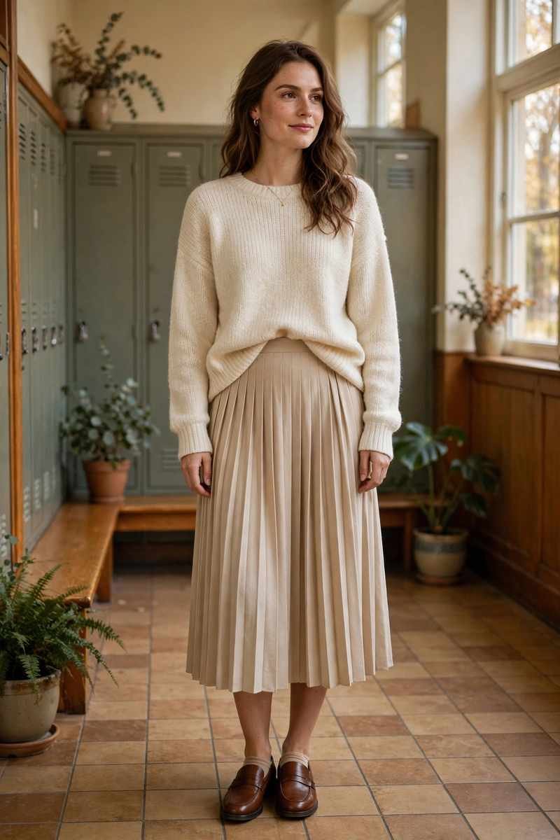 Cream sweater with pleated midi skirt and loafers