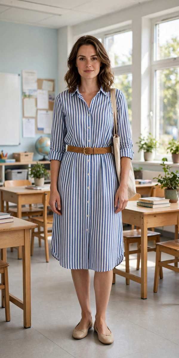 Striped shirt dress with tan belt and ballet flats