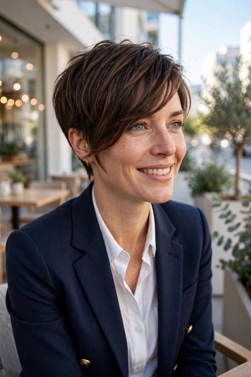 Woman with pixie and long swept bangs, professional look