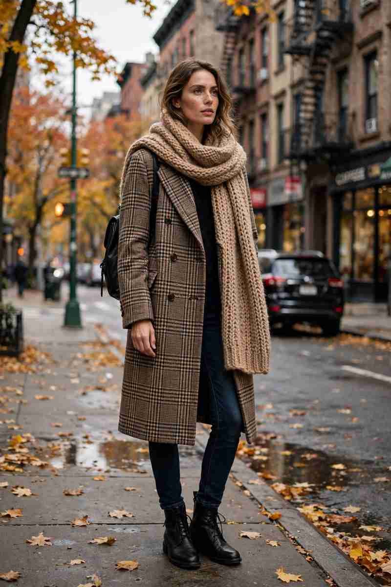 Plaid overcoat with dark jeans, boots and oversized scarf