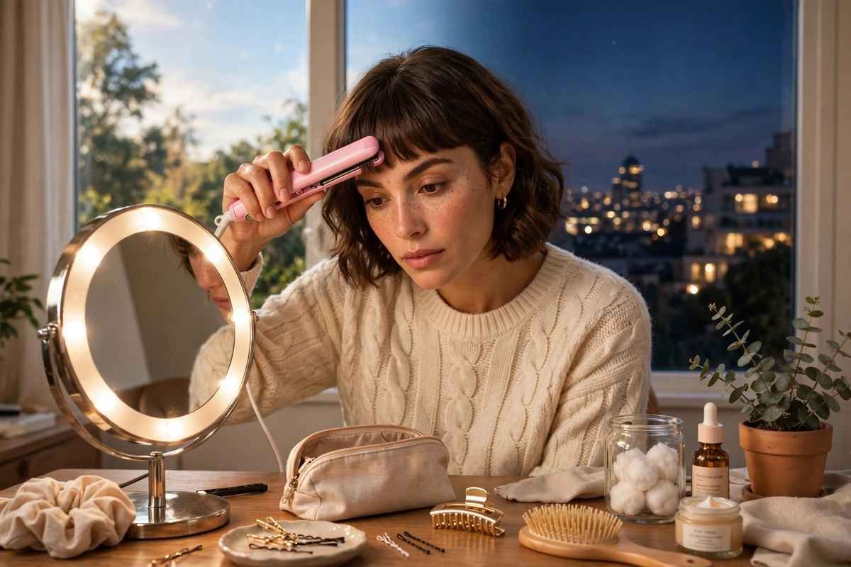 Woman touching up short bangs with mini flat iron