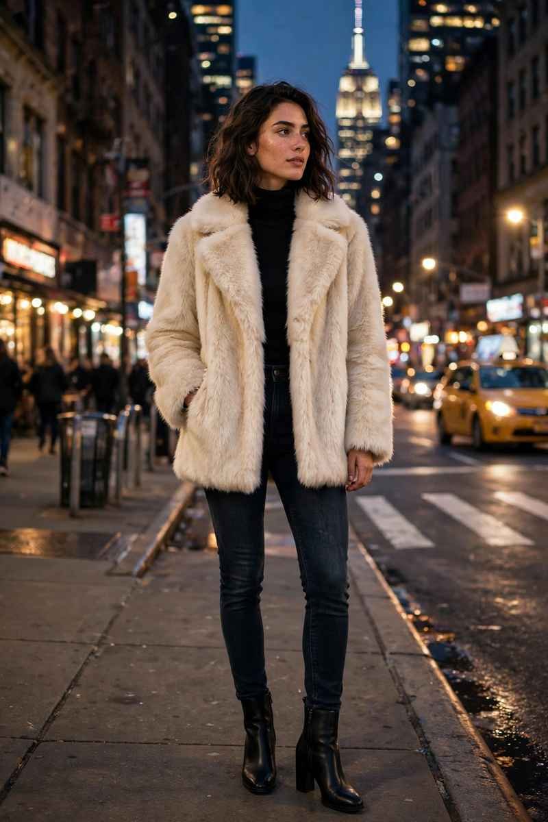 Faux fur coat over dark jeans and heeled boots, NYC evening