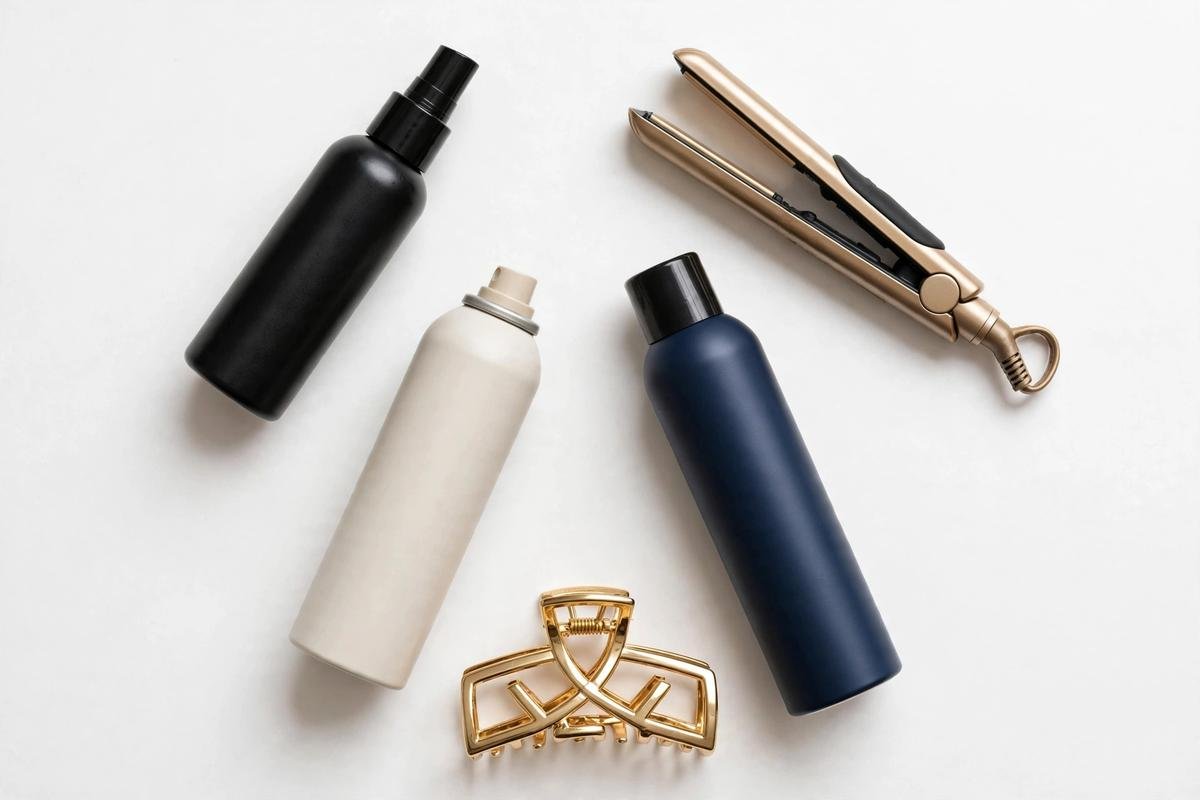 Flat lay of versatile short hair styling kit essentials
