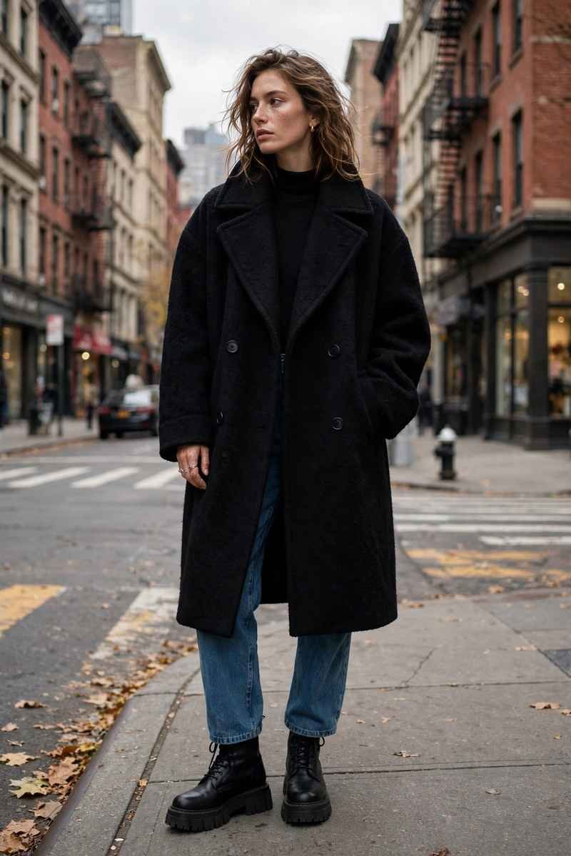 Oversized black wool coat with jeans and chunky boots
