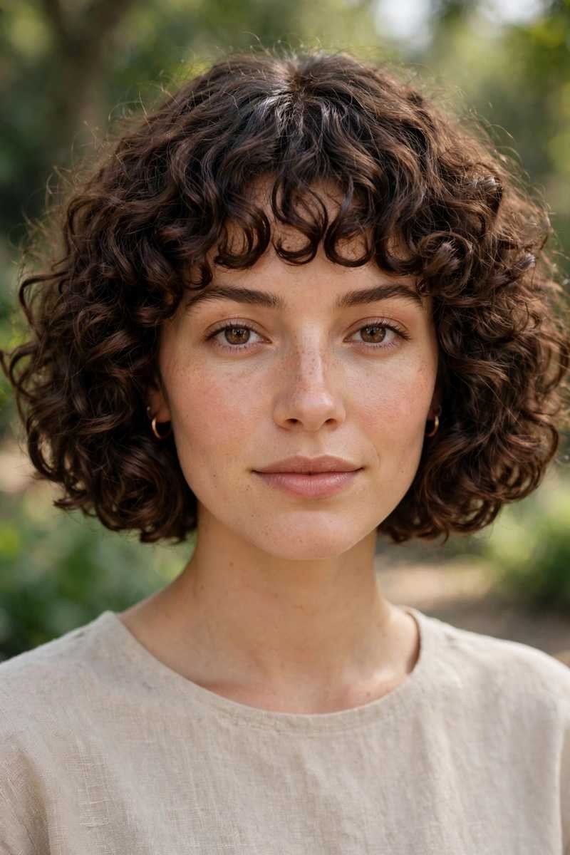 Curly bob with defined ringlets and curly bangs