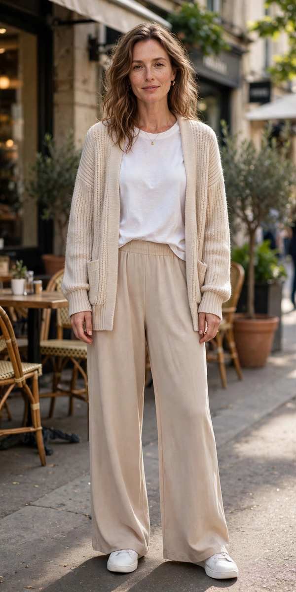 Wide-leg beige jersey pants with soft white tee and cardigan