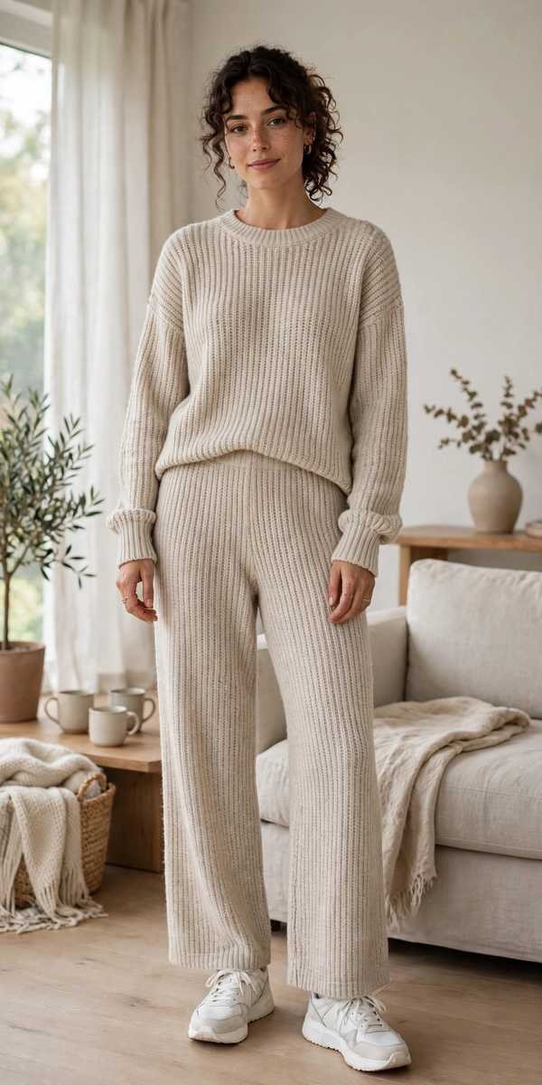 Matching oatmeal knit top and wide-leg pants set with sneakers
