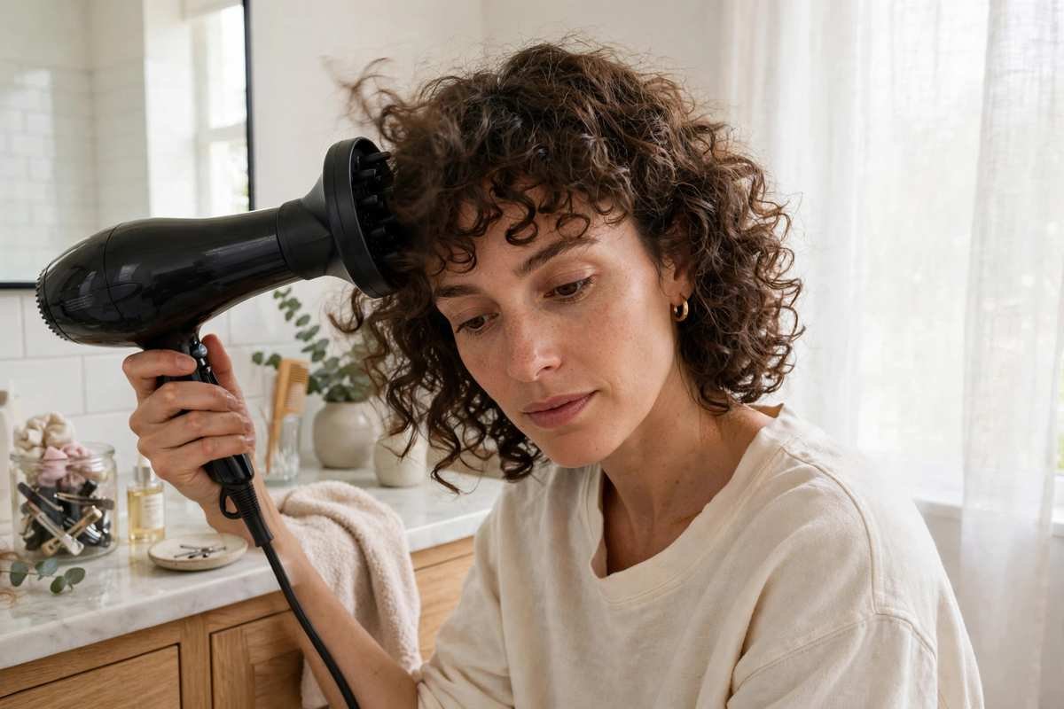 Woman diffusing curly bangs with diffuser attachment