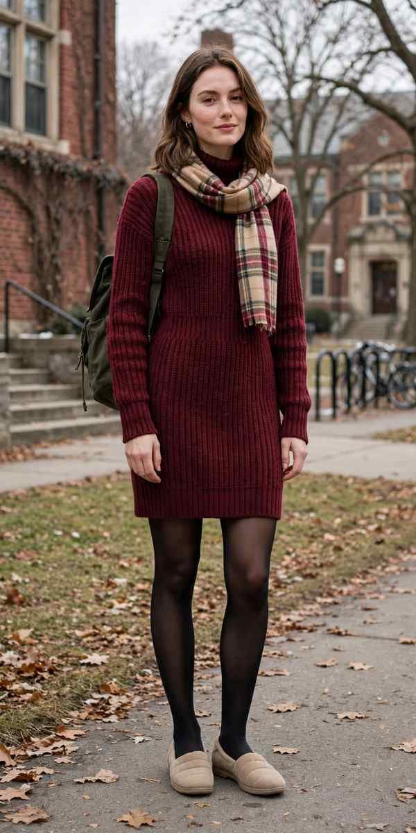 Burgundy sweater dress with tights and flats, winter school style