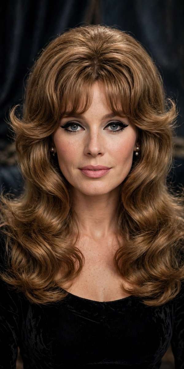 Long bouncy blowout with voluminous Bardot bangs