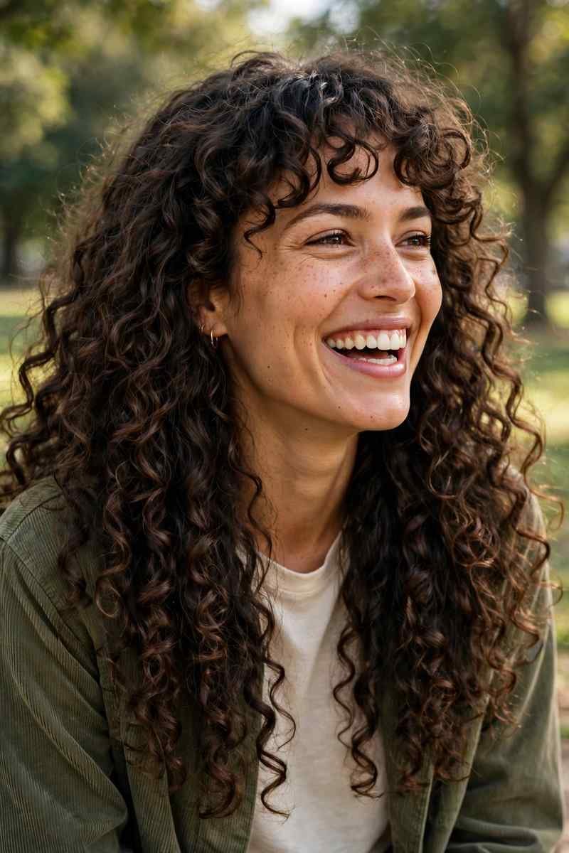 Woman with long natural curls and curly bangs outdoors