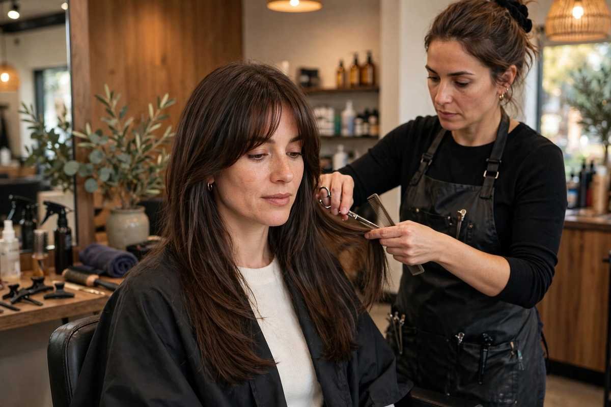 Hairstylist trimming long layered hair with bangs in salon